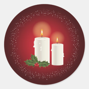 White Cosy Christmas Candles On Red With Holly Classic Round Sticker