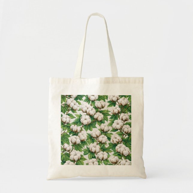 White Cotton Boll Botanical Pattern Tote Bag (Front)