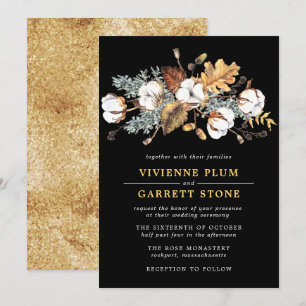 White Cotton Floral Gold Autumn Leaves Wedding Invitation