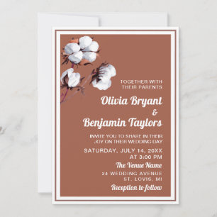 White cotton flower. Elegant terracotta Wedding Invitation