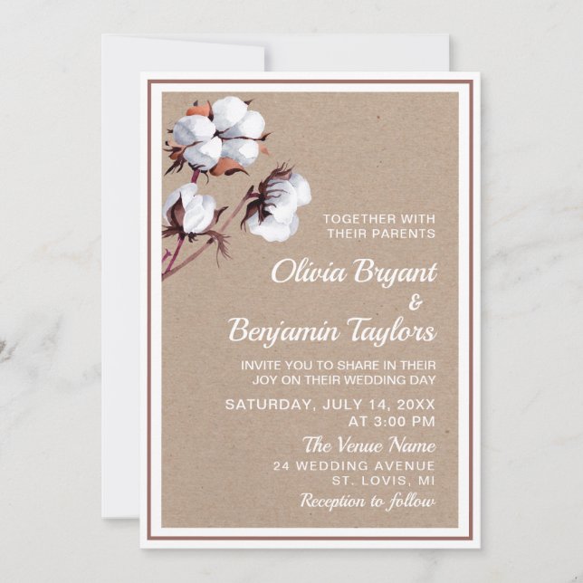White cotton flower. Rustic modern Kraft Wedding I Invitation (Front)