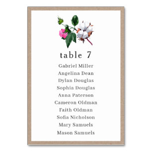 White cotton flower. Wedding Single seating plan Table Number