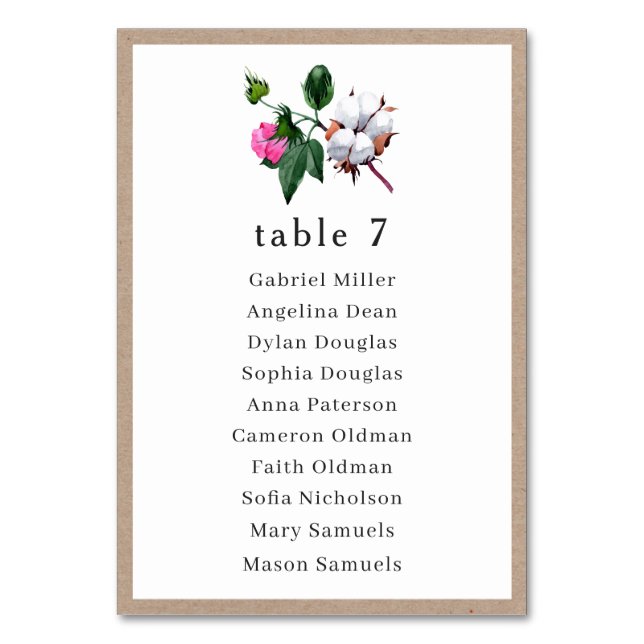 White cotton flower. Wedding Single seating plan Table Number (Front)