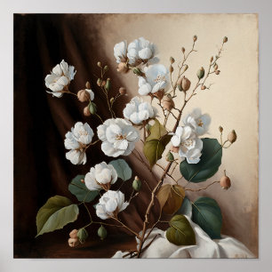 White Cotton Flowers Art Print Poster
