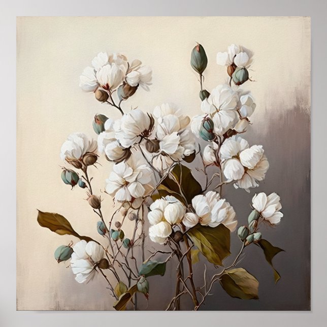 White Cotton Flowers Art Print Poster (Front)