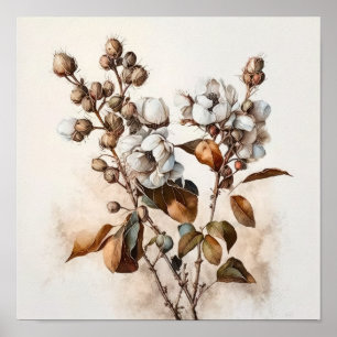 White Cotton Flowers Art Print Poster