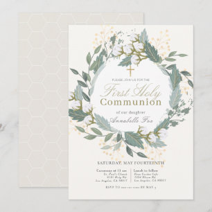 White Cotton Garden Wreath First Holy Communion Invitation