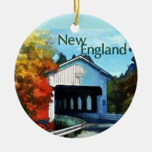 White Covered Bridge Colourful Autumn New England Ceramic Ornament