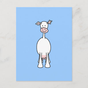 White Cow Cartoon. Blue background. Postcard