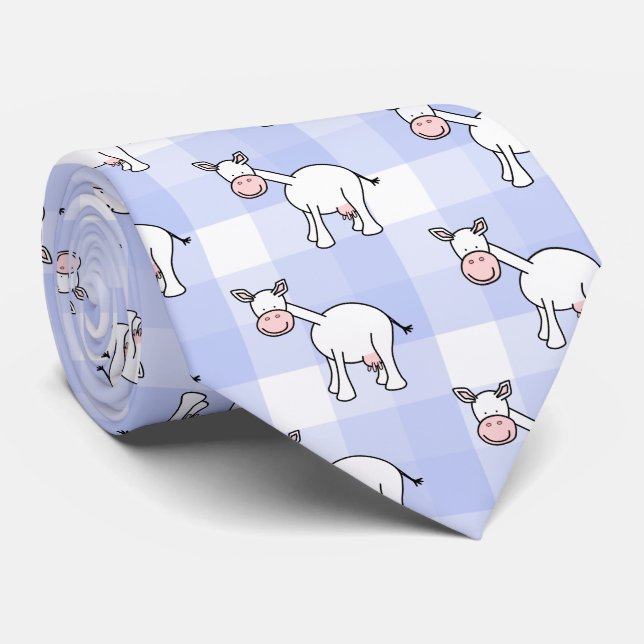 White Cow Cartoon. Blue gingham Background. Tie (Rolled)