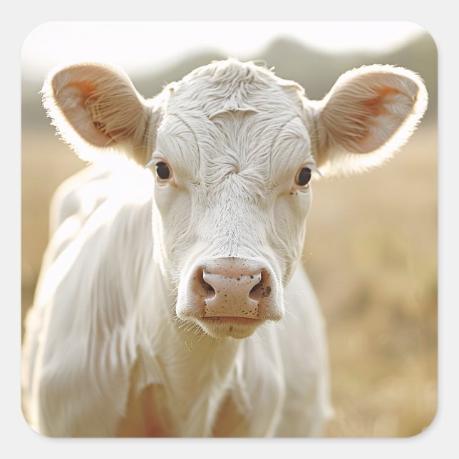 White Cow in Farm Field Square Sticker (Front)