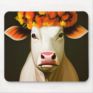 White Cow with Autumn Floral Crown Portrait Mouse Pad