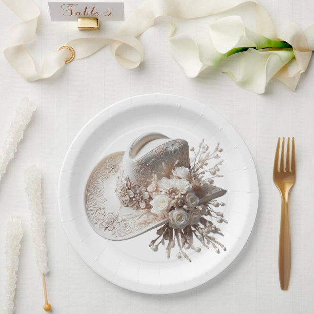 White Cowgirl Hat with Flowers Paper Plate (Wedding)