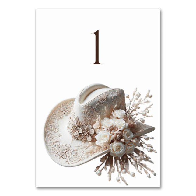 White Cowgirl Hat with Flowers Table Number (Front)