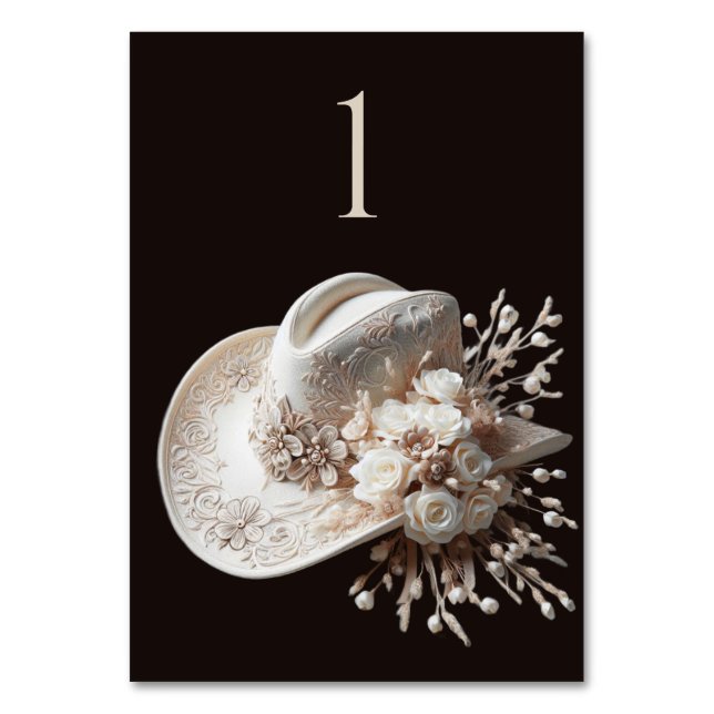 White Cowgirl Hat with Flowers Table Number (Front)