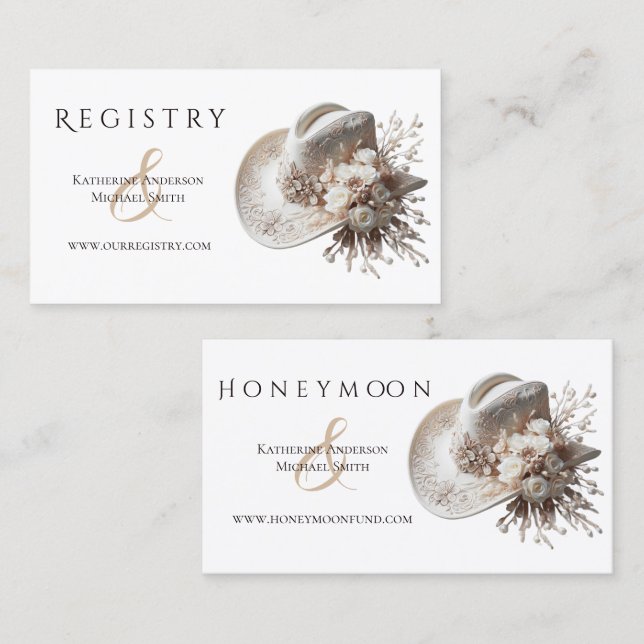 White Cowgirl Hat with Flowers Wedding Registry Business Card (Front/Back)