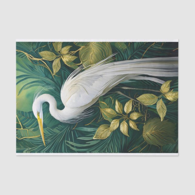 White Crane Botanical Design, Elegant Tropical Tissue Paper (Front)