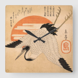 White Crane Flying across the Sun's Disc Square Wall Clock