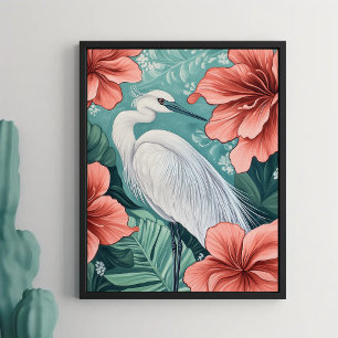 White Crane in Blooming Flowers Nature Inspired Poster