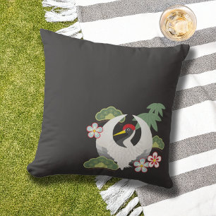 White Crane Japanese Lucky Symbols Black Outdoor Cushion