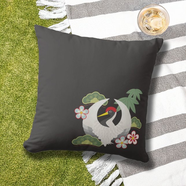 White Crane Japanese Lucky Symbols Black Outdoor Cushion (Creator Uploaded)
