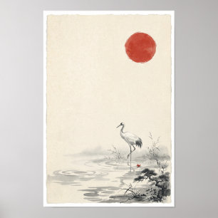 White Crane Under Red Sun Poster Japanese Ink Wa