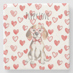White Cream Beagle Dog Red Hearts Glasses Stone Coaster