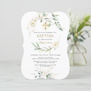 White Cream Floral Greenery Gold Cross Baptism  Invitation