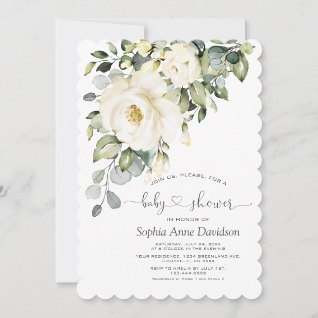 White Cream Floral Handwritten Script Baby Shower Invitation (Front)