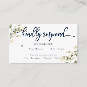 White Cream Floral Wedding RSVP Navy Blue Enclosure Card