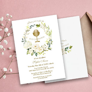 White Cream Floral Wreath Gold Holy Communion Invitation