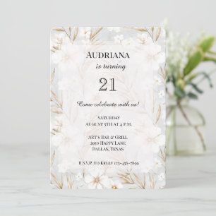 White Cream Flowers Blue Butterflies Birthday Invitation
