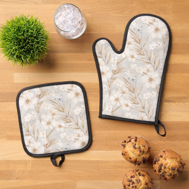 White Cream Flowers Blue Butterflies Bridal Shower Oven Mitt & Pot Holder Set (Top Down)