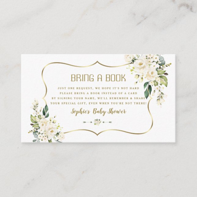 White Cream Flowers Gold Baby Shower Bring a Book Enclosure Card (Front)