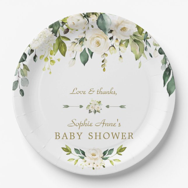 White Cream Flowers Gold Baby Shower Paper Plate (Front)