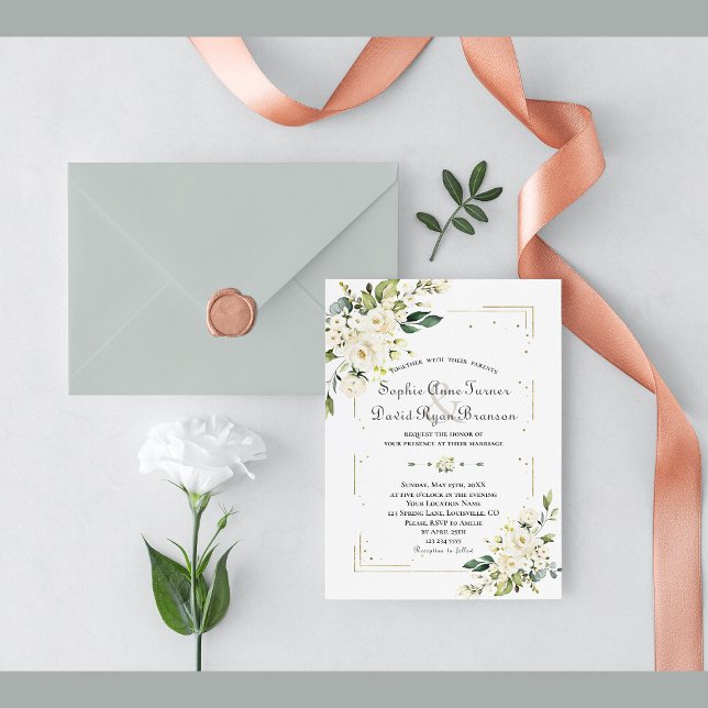 White Cream Flowers Gold Glitter Frame Wedding Invitation (Creator Uploaded)