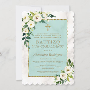 White Cream Flowers Spanish 1st Birthday Baptism Invitation