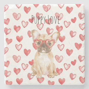 White Cream French Bulldog Red Hearts   Stone Coaster
