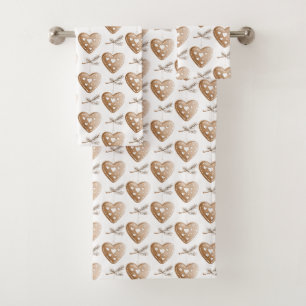 White Cream Gingerbread Cookie Hearts Christmas Bath Towel Set