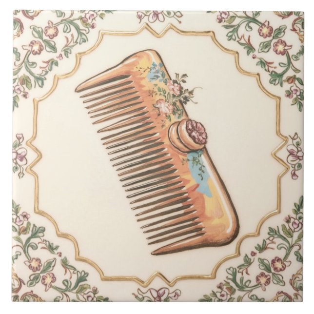 White Cream & Gold Hair Comb Funny Salon Bathroom Ceramic Tile (Front)