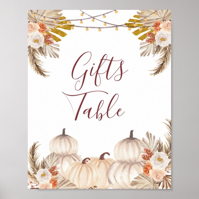 White Cream Pumpkin Floral Gifts Table Sign (Front)