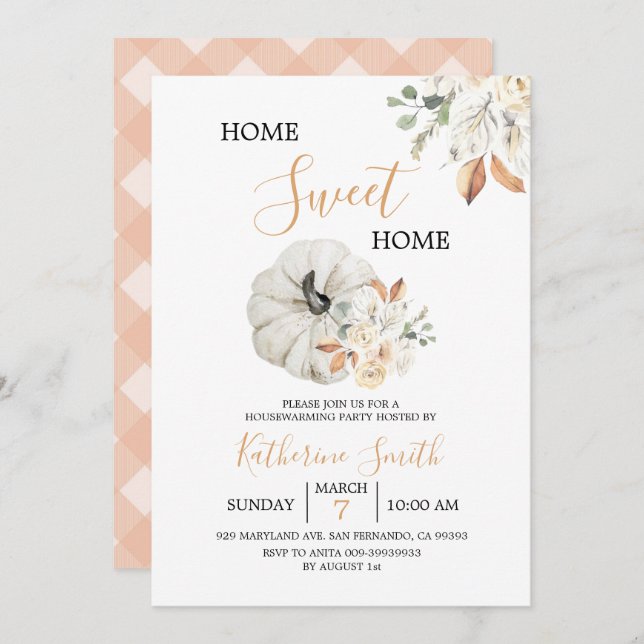 White Cream Pumpkin Floral Housewarming Party Invitation (Front/Back)