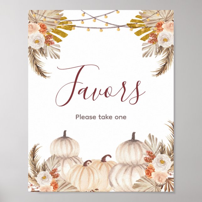 White Cream Pumpkin Floral Watercolor Favour Sign (Front)