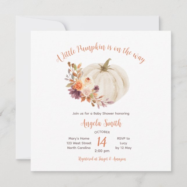 White Cream Pumpkin Rustic Floral Baby Shower Invitation (Front)