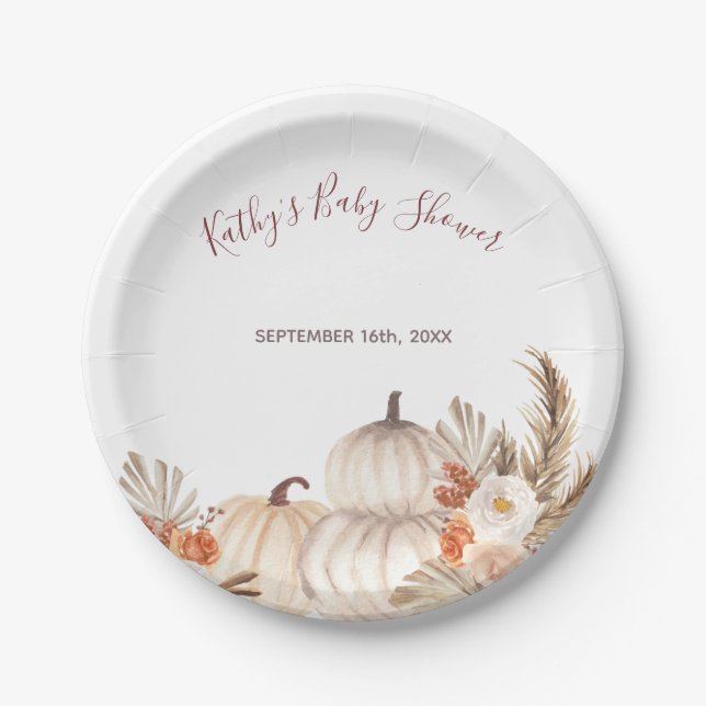 White Cream Pumpkin Rustic Floral Party Paper Plate (Front)