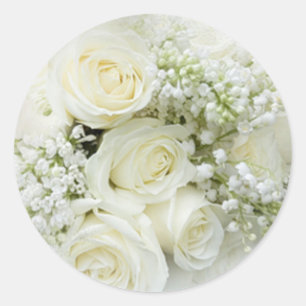 White cream roses, baby's breath flowers classic round sticker