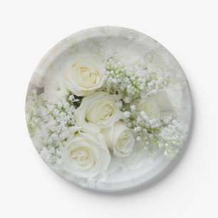 White cream roses, baby's breath flowers paper plate