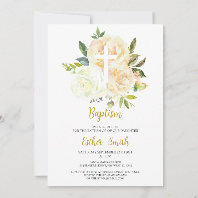 White Cream roses Baptism Invitation (Front)