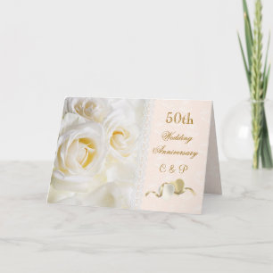 White cream roses, hearts 50th Wedding Anniversary Invitation