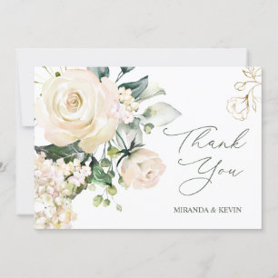 White Cream Roses Hydrangea Wedding Thank You Card